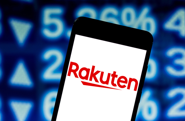 In this photo illustration the Rakuten logo is displayed on a smartphone.